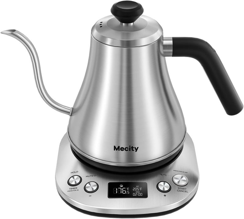 Mecity Electric Gooseneck Kettle With LCD Display Automatic Shut Off Retro Coffee Kettle Temperature Control Hot Water Boiler to Pour Over Tea, 1200 Watt Quick Heating Tea Pot, 0.8L, Stainless Steel - Image 1